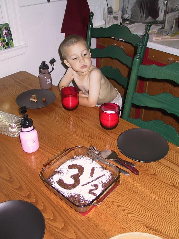 0801-halfbday.jpg - Owen was 3-and-a-half!  Reason to celebrate with a batch of brownies for Mr. Chocolate.